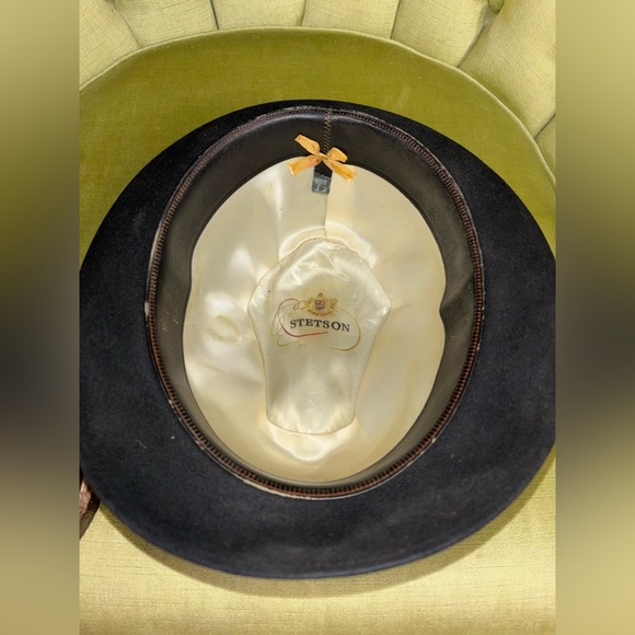 Vintage Royal Stetson Hat, Black Felt, Brown Band, Fedora, Size 7 1/2 - Picture 3 of 10